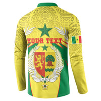 Yellow long-sleeve sweatshirt, green collar, back print 'YOUR TEXT' with crest