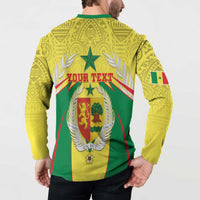Yellow back-print sweatshirt on model, green collar, 'YOUR TEXT' with crest and laurels