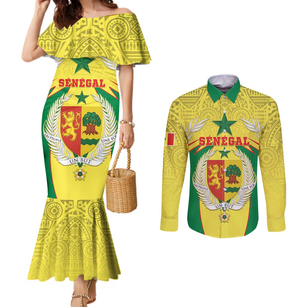 Personalised Senegal Couples Matching Mermaid Dress and Long Sleeve Button Shirt Coat Of Arms Mix African Pattern