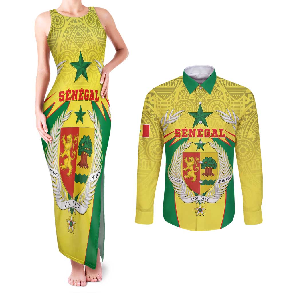 Personalised Senegal Couples Matching Tank Maxi Dress and Long Sleeve Button Shirt Coat Of Arms Mix African Pattern - Wonder Print Shop