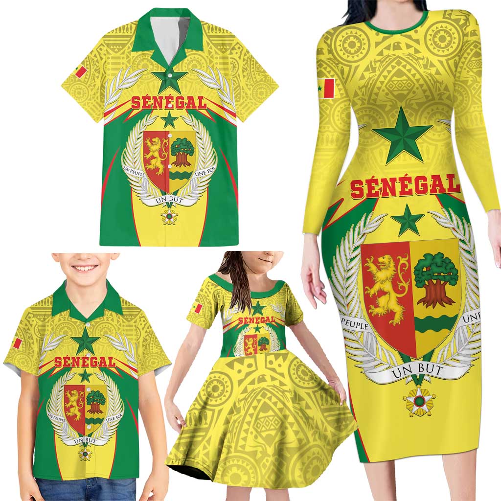 Personalised Senegal Family Matching Long Sleeve Bodycon Dress and Hawaiian Shirt Coat Of Arms Mix African Pattern - Wonder Print Shop