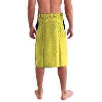 Yellow patterned sarong-style coat with geometric border and central motif panel.