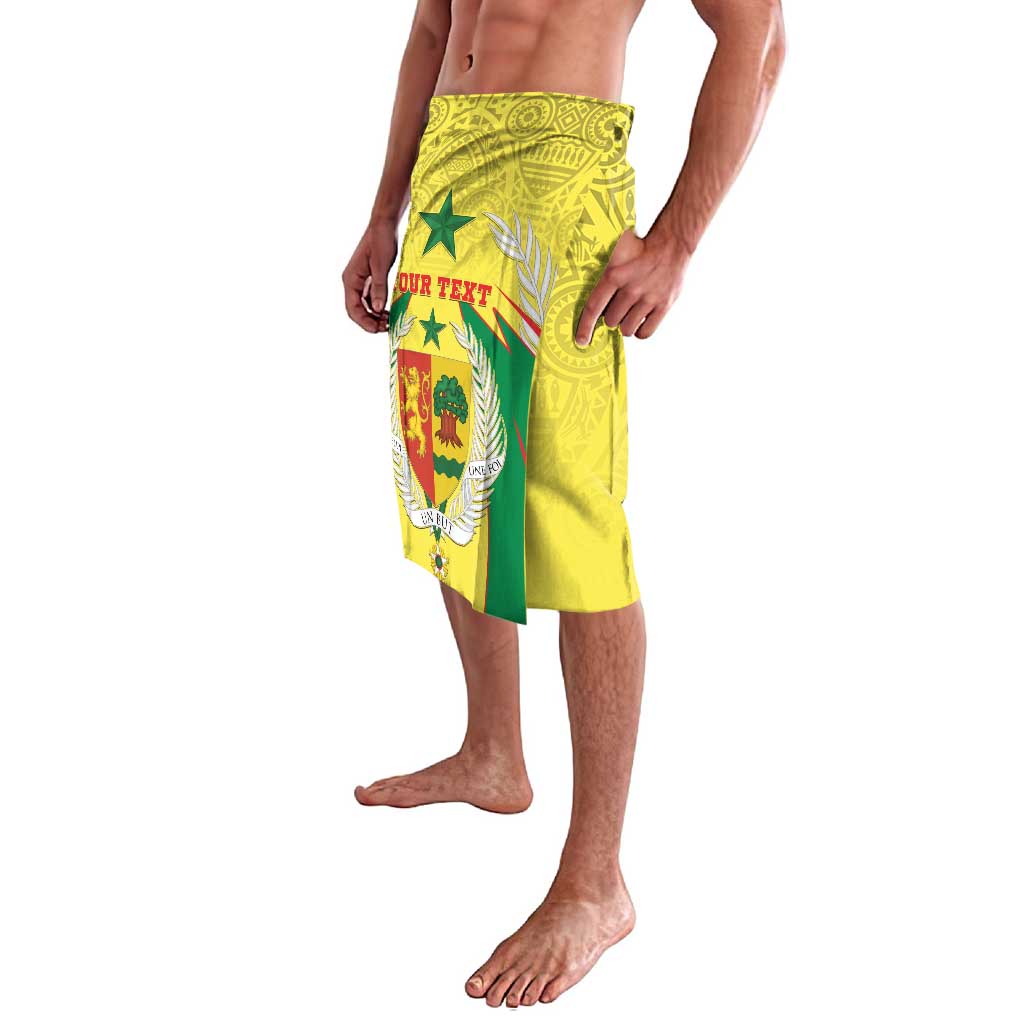 Yellow sarong-style coat with green/red emblem panel, stars, and 'YOUR TEXT'.