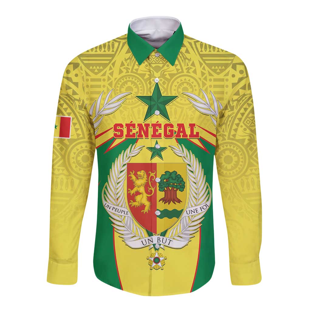 Yellow long-sleeve button shirt with green collar and Senegal crest graphic