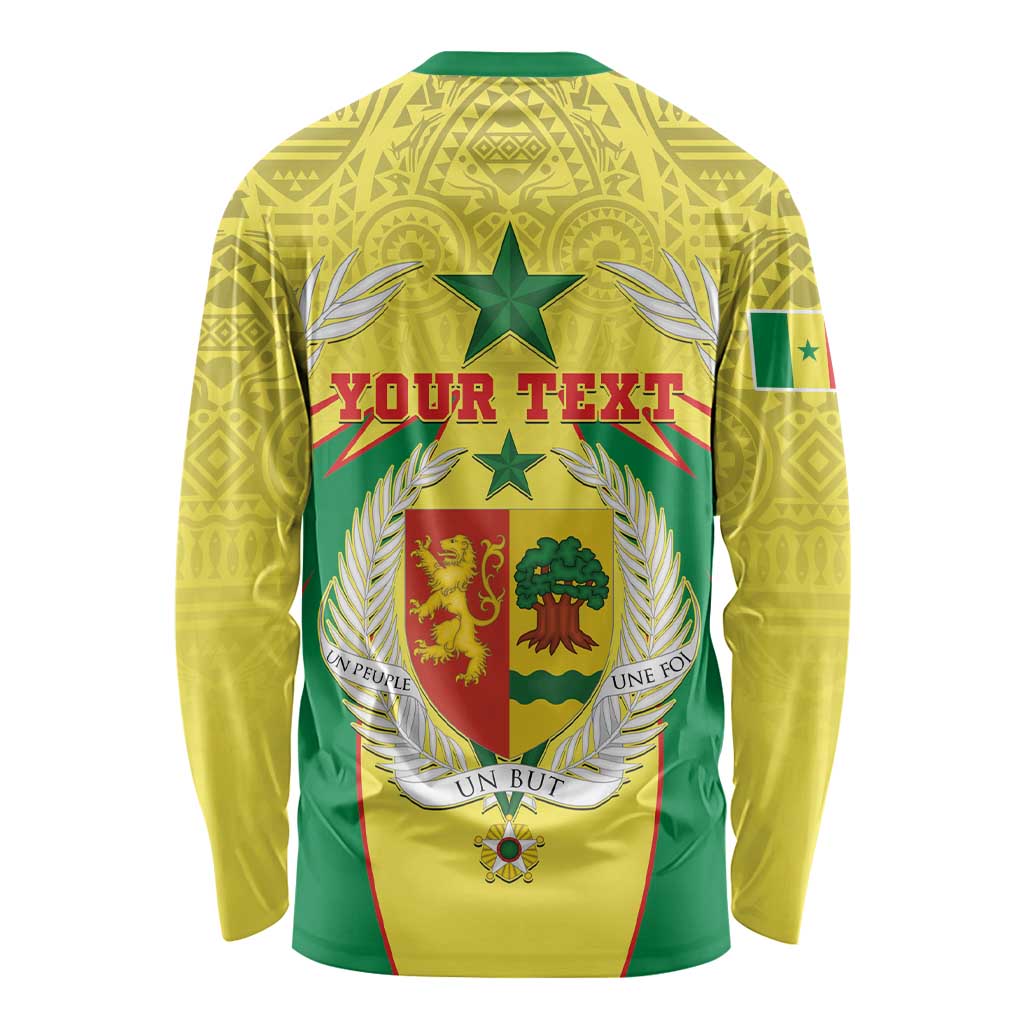 Unisex long-sleeve shirt, yellow-green crest graphic with YOUR TEXT on back