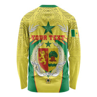 Unisex long-sleeve shirt, yellow-green crest graphic with YOUR TEXT on back
