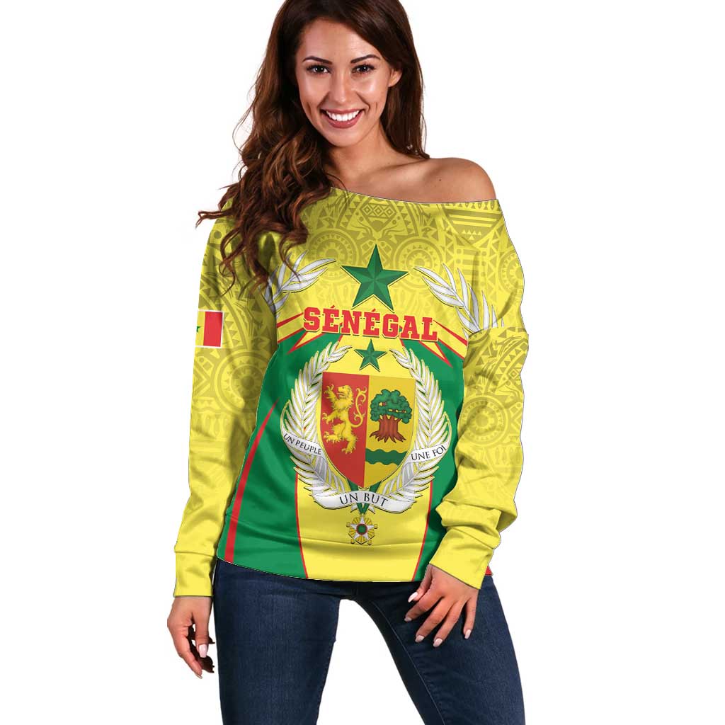 Personalised Senegal Off Shoulder Sweater Coat Of Arms Mix African Pattern - Wonder Print Shop