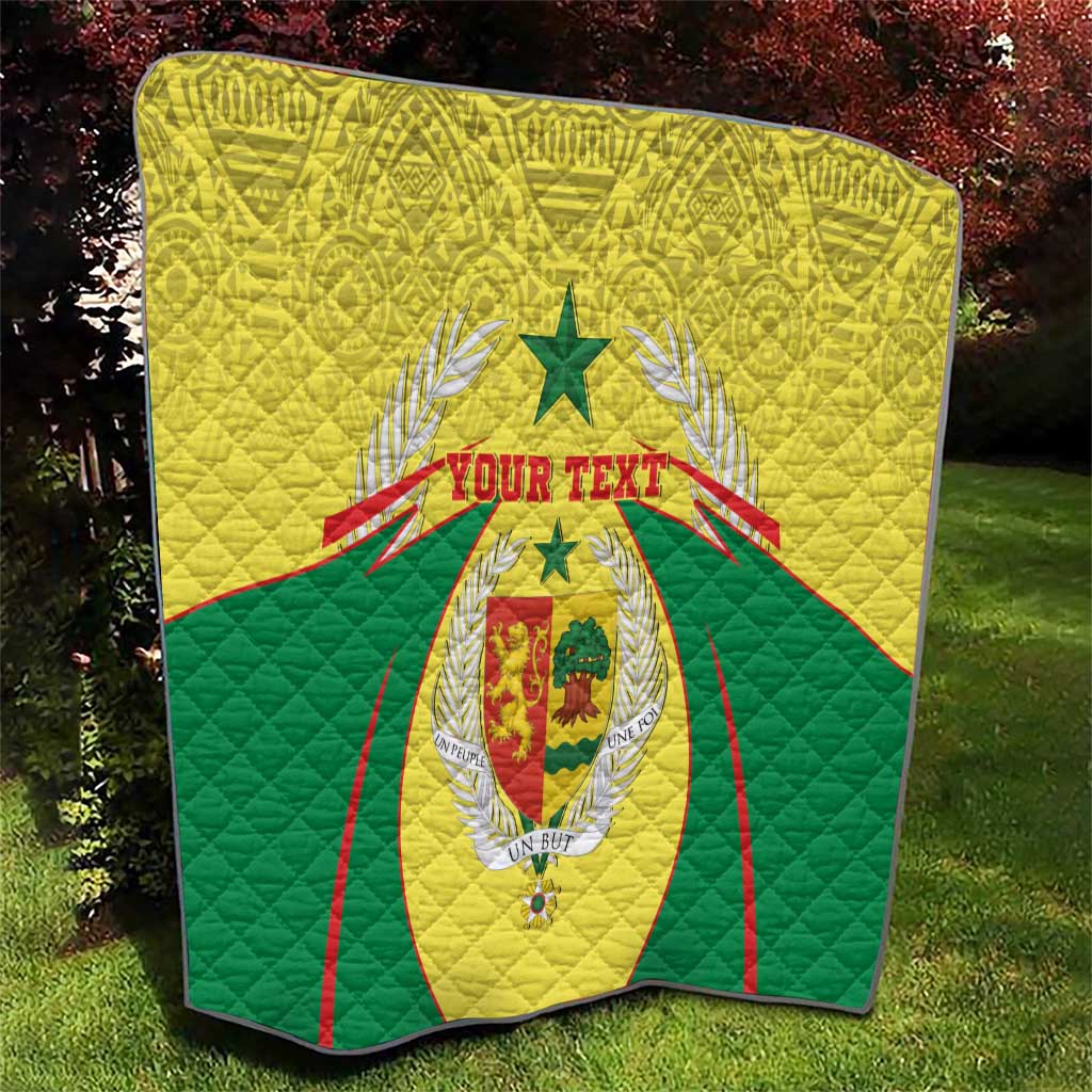 Yellow and green Senegal quilt blanket with coat of arms crest and custom text