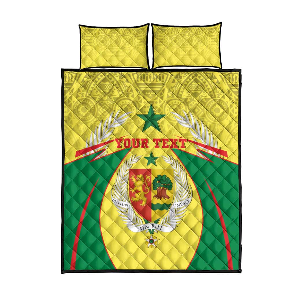 Yellow quilt bed set with two pillows, flat layout of crest flag quilt with “YOUR TEXT”