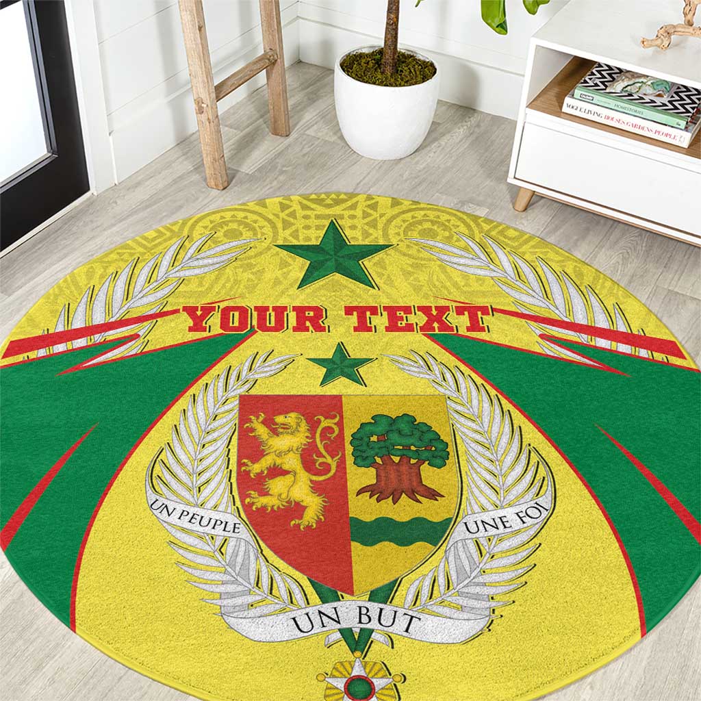 Round green and yellow African crest rug with gold laurel and custom text banner