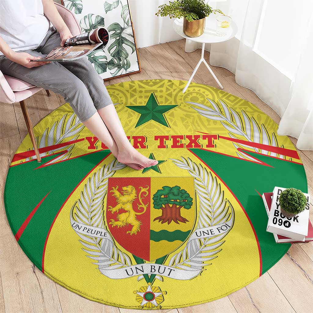 Round rug with custom text banner, African coat-of-arms crest, and laurel wreath