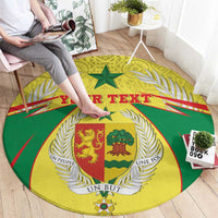 Round rug with custom text banner, African coat-of-arms crest, and laurel wreath