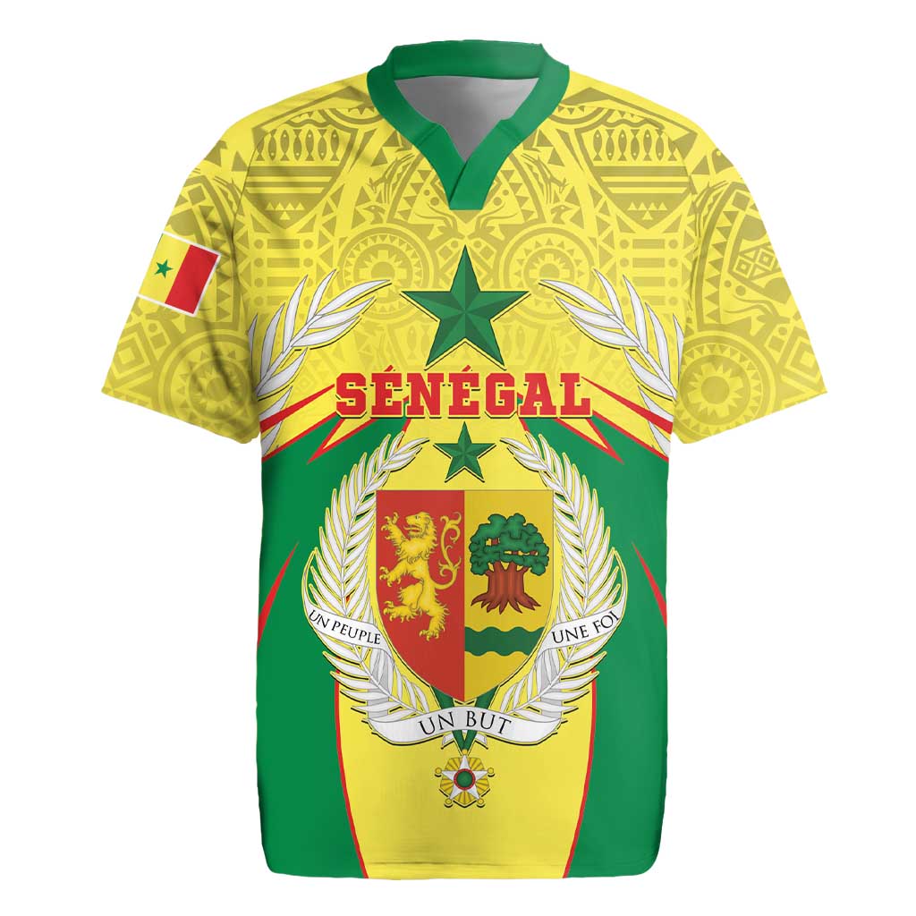 Personalised Senegal Rugby Jersey Coat Of Arms Mix African Pattern - Wonder Print Shop