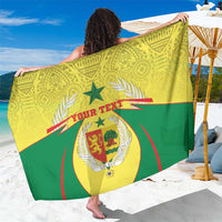 Personalized Senegal sarong with coat of arms print, yellow and green, fringe edge