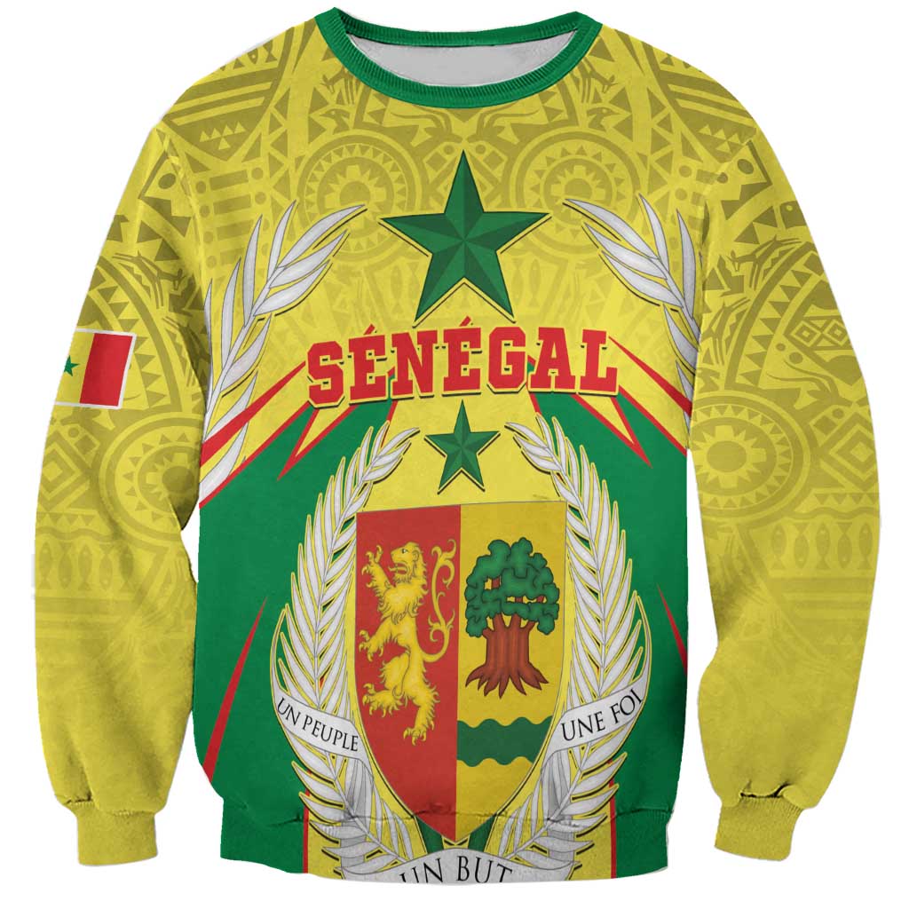 Unisex yellow sweatshirt with Senegal crest, star, laurel and green-red graphic front