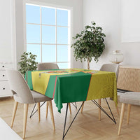Senegal-themed tablecloth with green and yellow panels and red geometric border