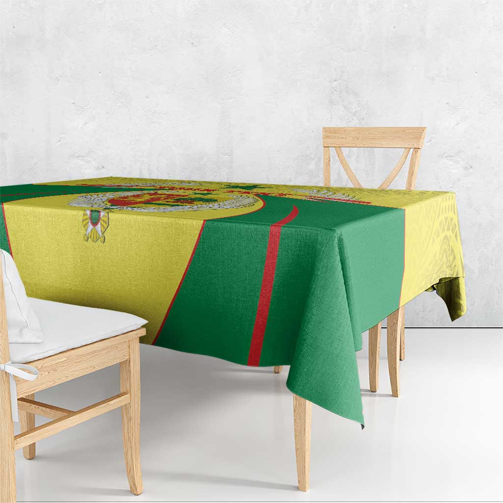 Senegal coat of arms tablecloth with green center and yellow side panels, red stripes