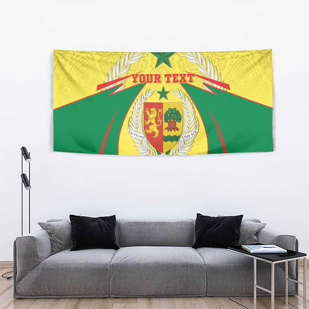 Senegal personalized coat of arms tapestry wall banner with green rays and yellow patterned border