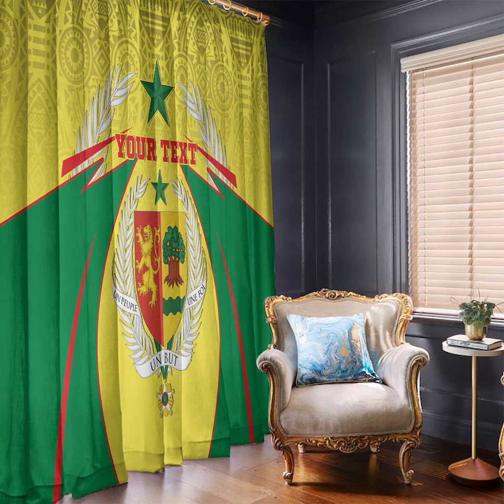 Yellow and green coat-of-arms window curtain with leaf and shield motifs