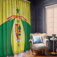 Yellow and green coat-of-arms window curtain with leaf and shield motifs