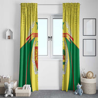 Yellow and green coat-of-arms window curtain panels with shield and ribbon graphics