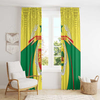 Yellow and green coat-of-arms window curtains with shield emblem and leaf detailing