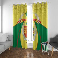 Yellow and green coat-of-arms window curtains with shield emblem on fabric