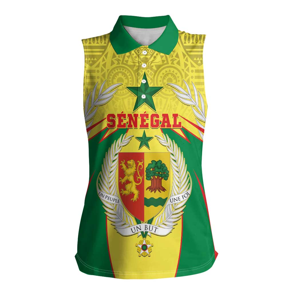 Personalised Senegal Women Sleeveless Polo Shirt Coat Of Arms Mix African Pattern - Wonder Print Shop