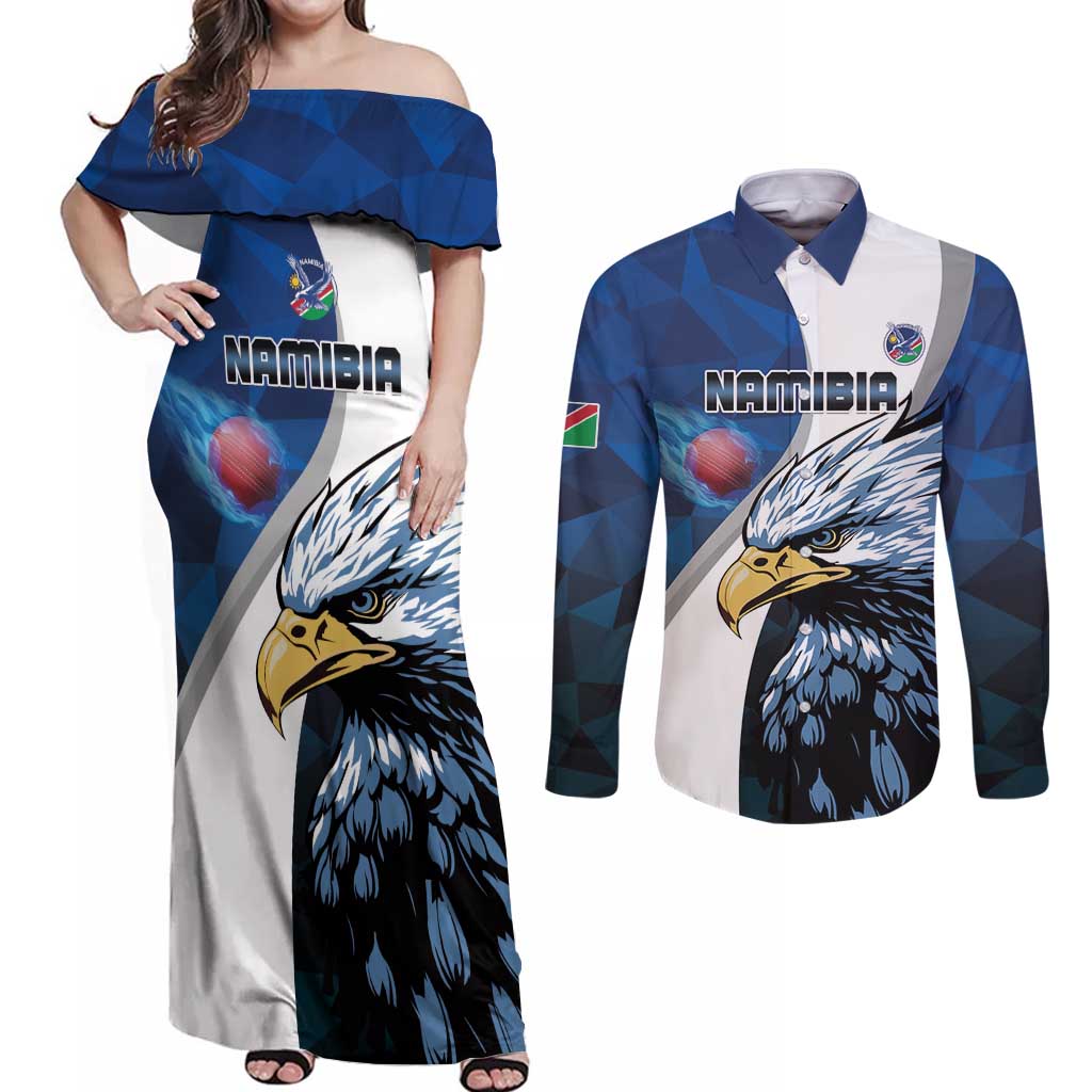 Custom Namibia Cricket Couples Matching Off Shoulder Maxi Dress and Long Sleeve Button Shirt Go Champions