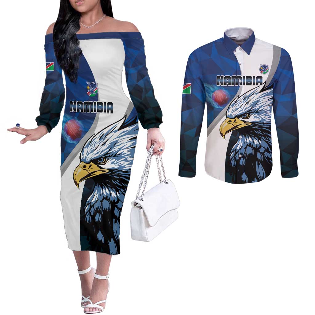 Custom Namibia Cricket Couples Matching Off The Shoulder Long Sleeve Dress and Long Sleeve Button Shirt Go Champions