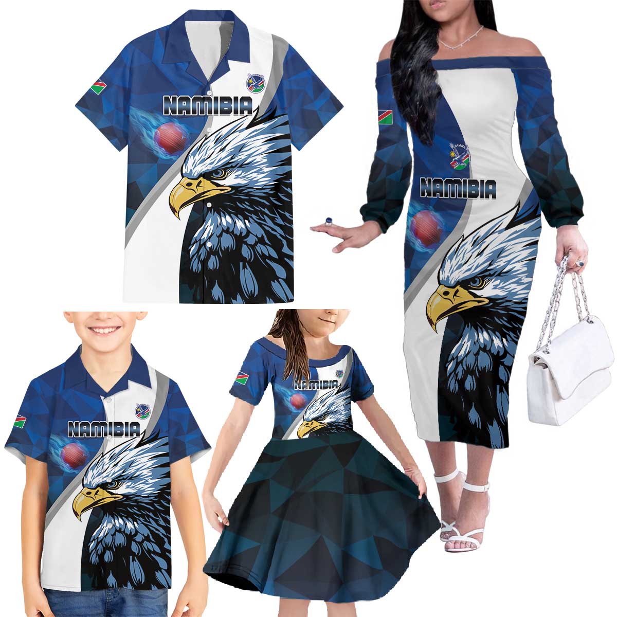 Custom Namibia Cricket Family Matching Off The Shoulder Long Sleeve Dress and Hawaiian Shirt Go Champions