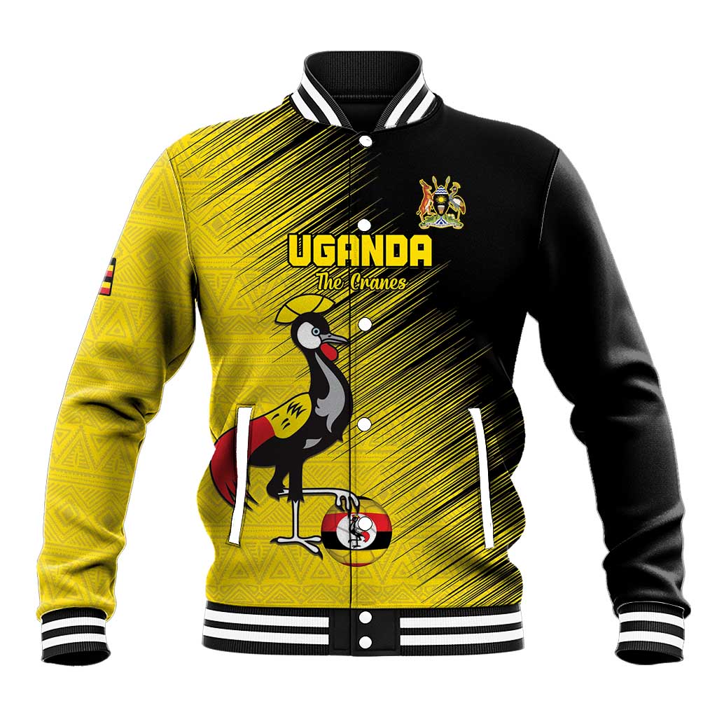 Custom Uganda Football Baseball Jacket Black Crowned Crane Mix Grunge Style - Yellow Color