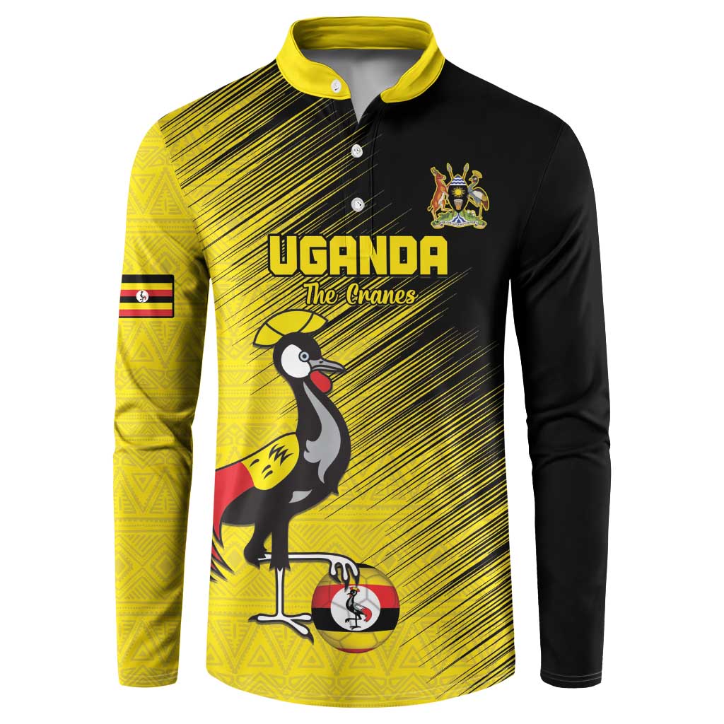 Custom Uganda Football Button Sweatshirt Black Crowned Crane Mix Grunge Style - Yellow Color