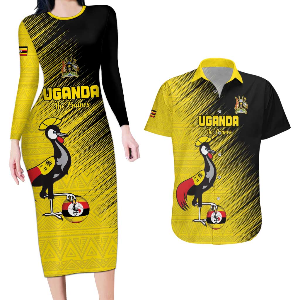 Custom Uganda Football Couples Matching Long Sleeve Bodycon Dress and Hawaiian Shirt Black Crowned Crane Mix Grunge Style - Yellow Color