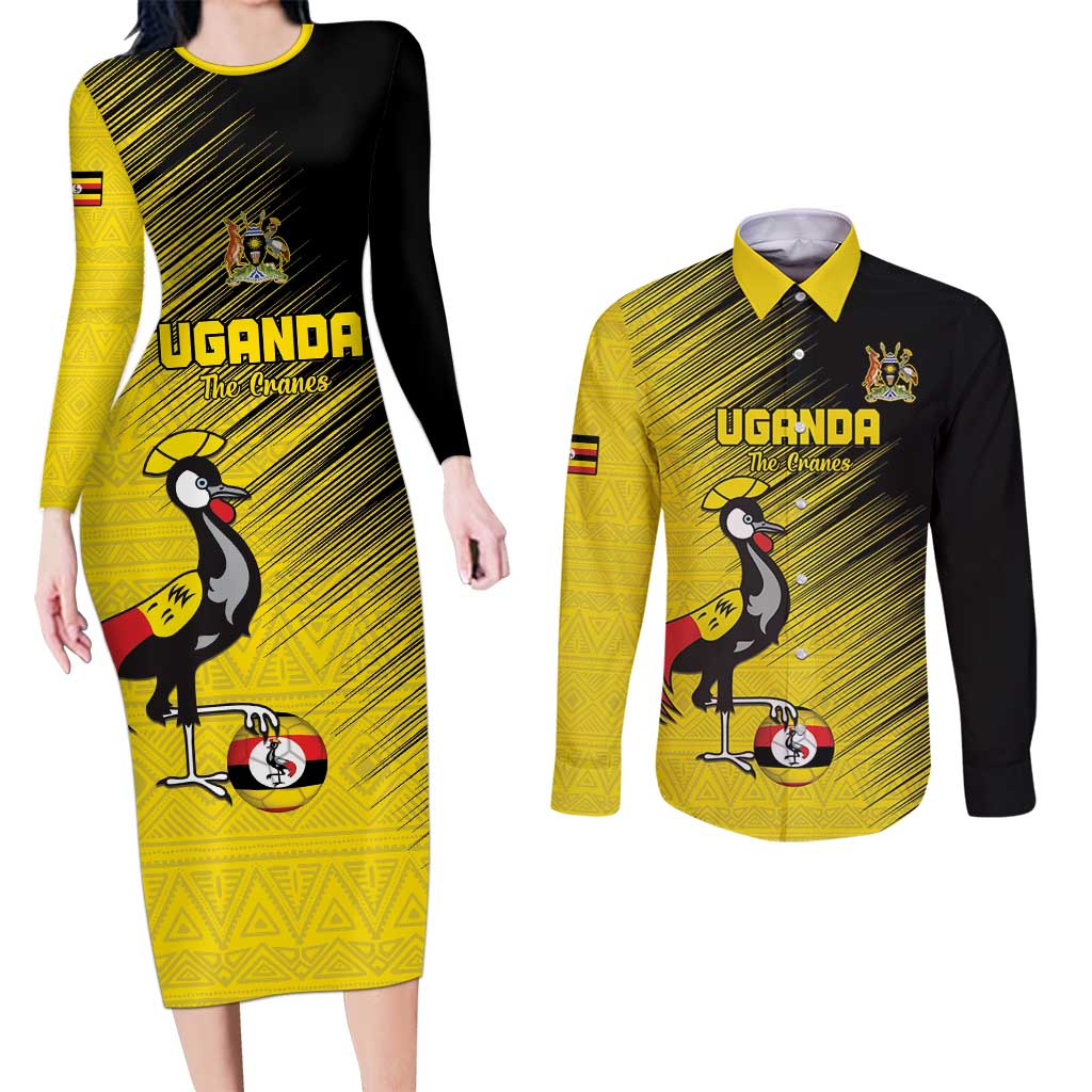 Custom Uganda Football Couples Matching Long Sleeve Bodycon Dress and Long Sleeve Button Shirt Black Crowned Crane Mix Grunge Style - Yellow Color