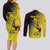 Custom Uganda Football Couples Matching Long Sleeve Bodycon Dress and Long Sleeve Button Shirt Black Crowned Crane Mix Grunge Style - Yellow Color