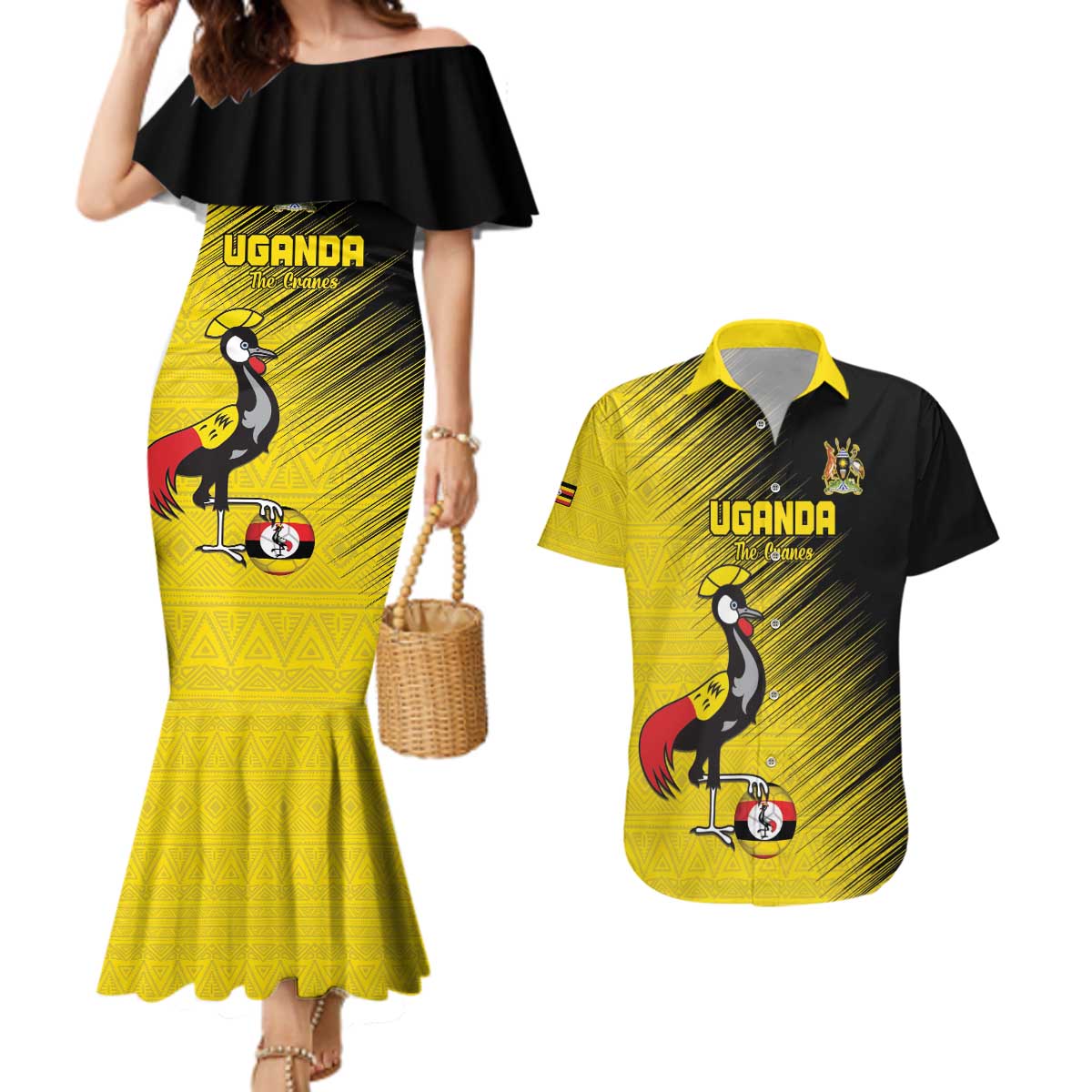 Custom Uganda Football Couples Matching Mermaid Dress and Hawaiian Shirt Black Crowned Crane Mix Grunge Style - Yellow Color