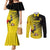 Custom Uganda Football Couples Matching Mermaid Dress and Long Sleeve Button Shirt Black Crowned Crane Mix Grunge Style - Yellow Color