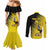 Custom Uganda Football Couples Matching Mermaid Dress and Long Sleeve Button Shirt Black Crowned Crane Mix Grunge Style - Yellow Color