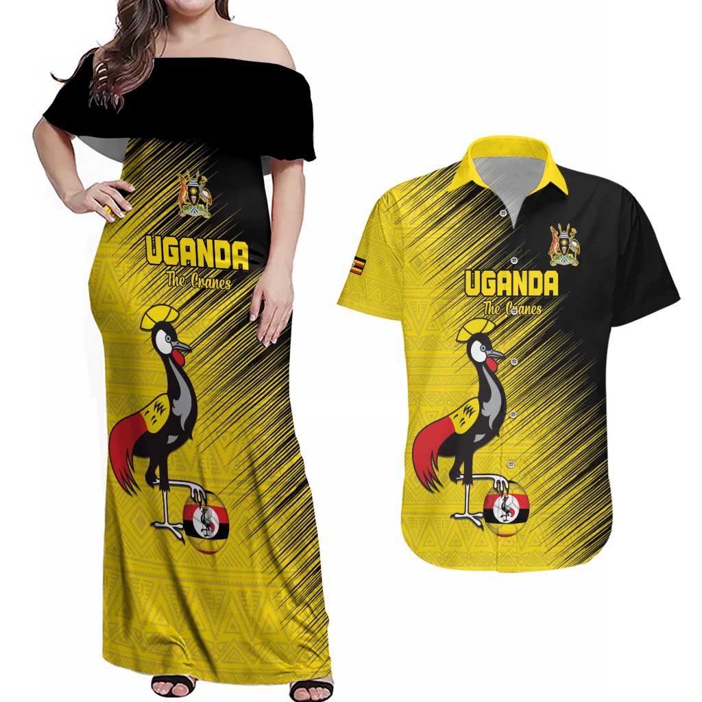 Custom Uganda Football Couples Matching Off Shoulder Maxi Dress and Hawaiian Shirt Black Crowned Crane Mix Grunge Style - Yellow Color