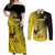 Custom Uganda Football Couples Matching Off Shoulder Maxi Dress and Long Sleeve Button Shirt Black Crowned Crane Mix Grunge Style - Yellow Color