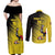 Custom Uganda Football Couples Matching Off Shoulder Maxi Dress and Long Sleeve Button Shirt Black Crowned Crane Mix Grunge Style - Yellow Color