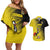 Custom Uganda Football Couples Matching Off Shoulder Short Dress and Hawaiian Shirt Black Crowned Crane Mix Grunge Style - Yellow Color