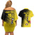 Custom Uganda Football Couples Matching Off Shoulder Short Dress and Hawaiian Shirt Black Crowned Crane Mix Grunge Style - Yellow Color