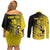 Custom Uganda Football Couples Matching Off Shoulder Short Dress and Long Sleeve Button Shirt Black Crowned Crane Mix Grunge Style - Yellow Color