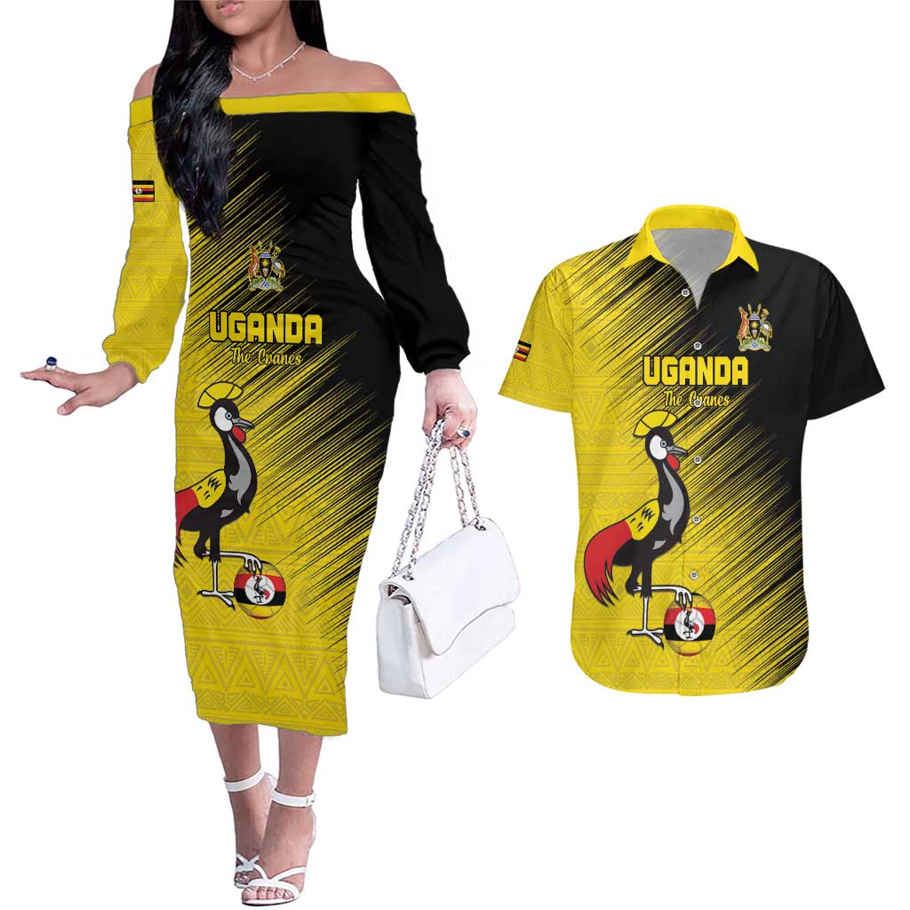 Custom Uganda Football Couples Matching Off The Shoulder Long Sleeve Dress and Hawaiian Shirt Black Crowned Crane Mix Grunge Style - Yellow Color