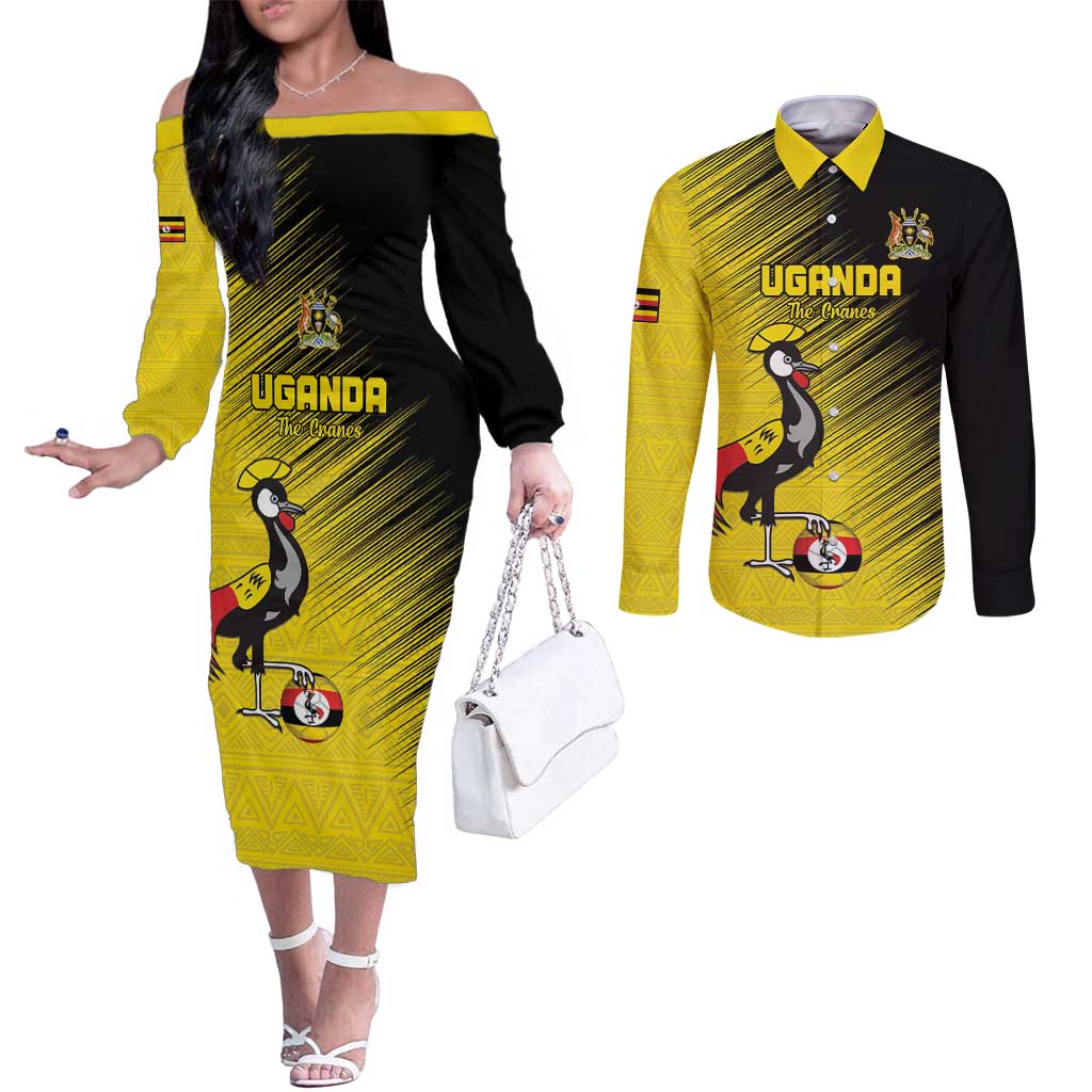 Custom Uganda Football Couples Matching Off The Shoulder Long Sleeve Dress and Long Sleeve Button Shirt Black Crowned Crane Mix Grunge Style - Yellow Color