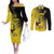 Custom Uganda Football Couples Matching Off The Shoulder Long Sleeve Dress and Long Sleeve Button Shirt Black Crowned Crane Mix Grunge Style - Yellow Color