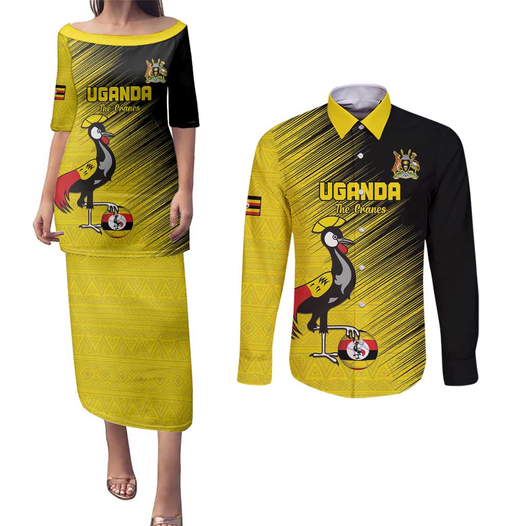 Custom Uganda Football Couples Matching Puletasi and Long Sleeve Button Shirt Black Crowned Crane Mix Grunge Style - Yellow Color