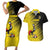 Custom Uganda Football Couples Matching Short Sleeve Bodycon Dress and Hawaiian Shirt Black Crowned Crane Mix Grunge Style - Yellow Color